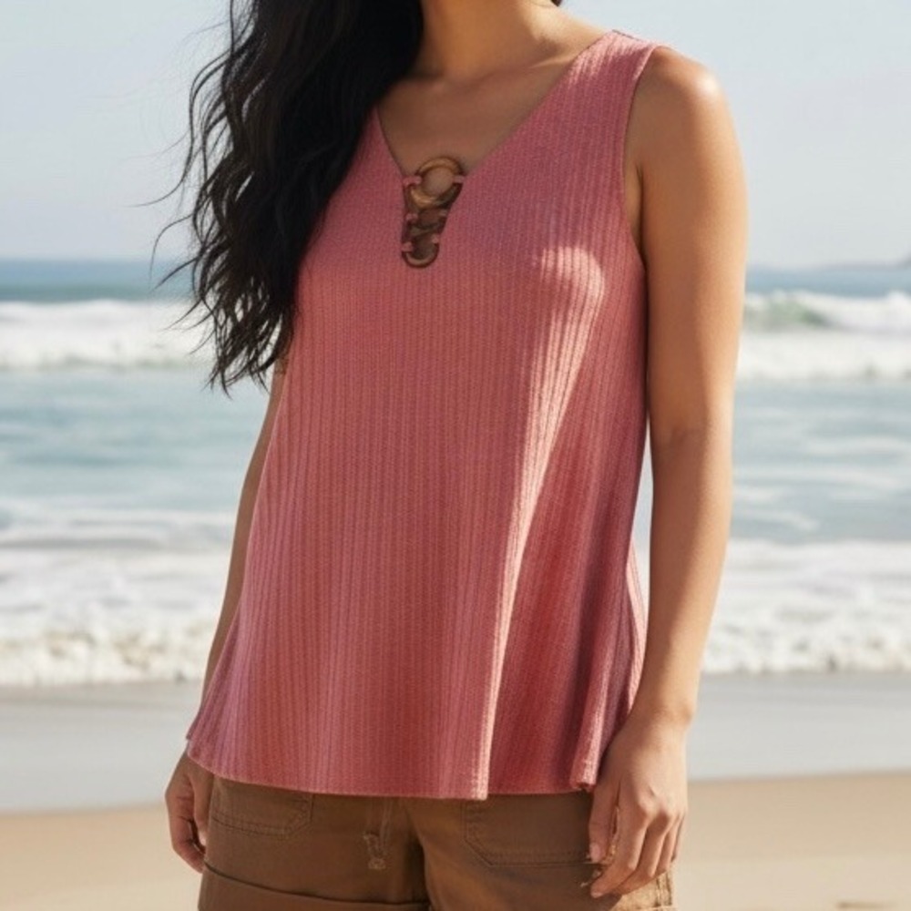 Womens‎ Coral Pink Ribbed Tank Top Size S/M Coastal Summer Travel Cruise Vacay